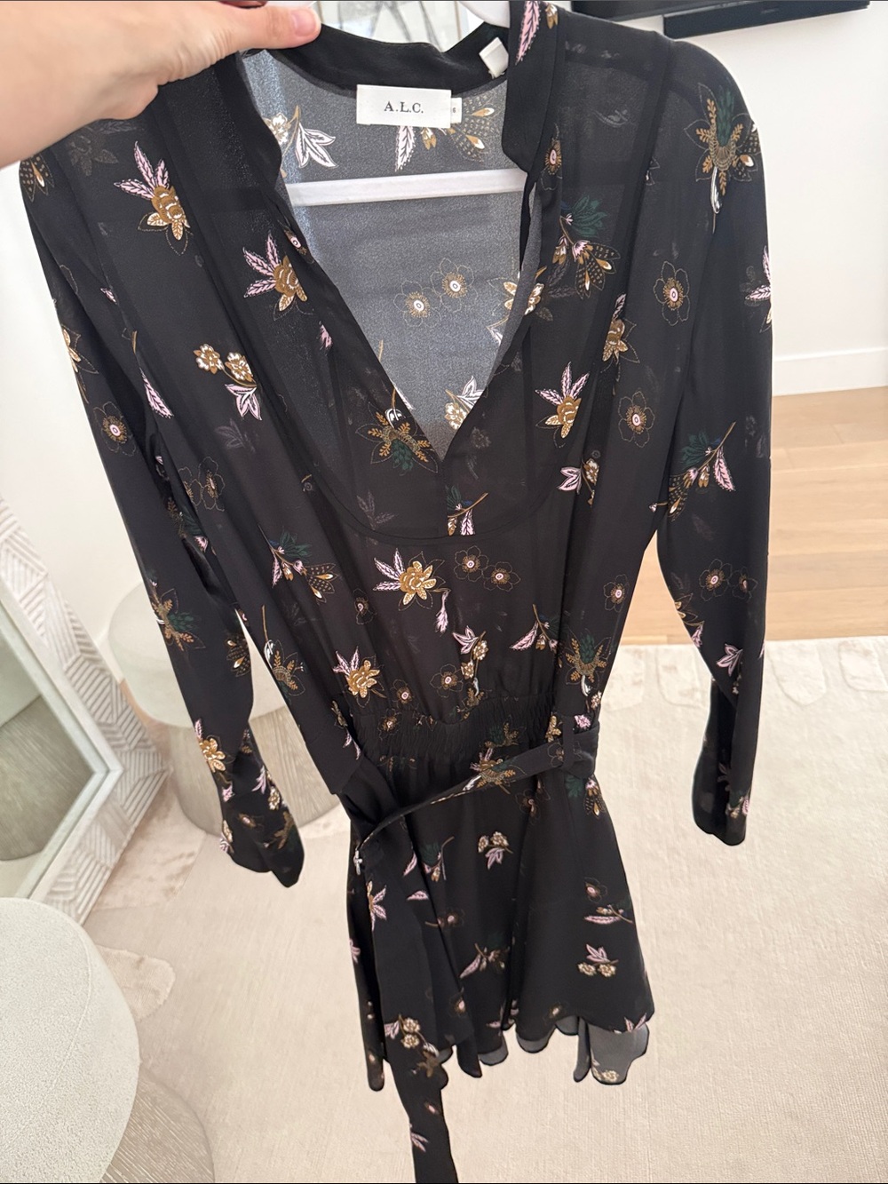A.L.C. Black Floral V-Neck Long Sleeve Tie-Waist Dress